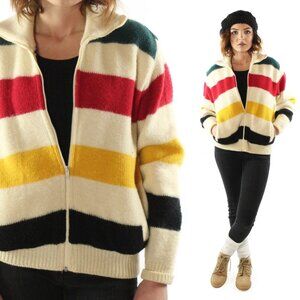 Vintage 80s LL Bean Cardigan Sweater - Hudson Bay Striped Wool